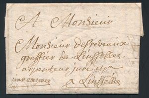 1715 Voorloper met inhoud, vanuit Lannoy (Frankrijk), dd. 14 juli 1715, naar Linsselles (Frankrijk), manuscript 'Par express' op voorzijde, zm