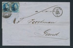 1859 N° 11A, tweemaal op brief (niet volrandig), afstempeling P.4-Antwerpen, ook met vertrekstempel op de zegels, dd. 25 juni 1859, naar Gent, postbodestempel 3 in cirkel zwart, dubbele port binnenland, zm/m