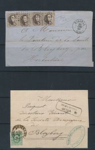 1880 Bleyberg Montagne, kleine verzameling met enkele prachtige stukken, w.o. brieffragment naar de directeur en N° 30, op brief uit Antwerpen, dd. 24 februari 1880, naar de Lood- en zinkmijnen van Bleyberg, zeer mooie spoorwegstempel 
