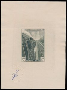 STES 284, proef van de goedgekeurde matrijs van zegel TR 261, groen, op geelachtig papier met droogstempel en paraaf J. De Bast, index-2, zm