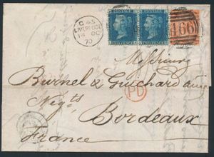 1870 Yv. 26, 1 ex. en Yv. 27 , in paar, brief vanuit Liverpool (466), dd. 14 october 1870, naar Bordeaux (Frankrijk), PD stempel in cirkel rood, zm