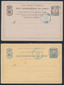 A small lot comprising postal stationary no. 6, cancelled “N’ZOBÉ 24 JAN 1896” (rare); postal stationary no. 13, cancelled “MATADI” in 1902 for domestic service; and a postcard franked with a “10c. Mols BIL 1910