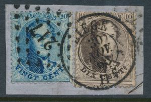 N° 14B/15B, op fragment, met afstempeling Pt.217-Liège en N° 14B heeft bijkomende afstempeling dubbel cirkel Liège, dd. 30 november 65, zm 