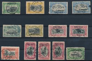 Between n° 40 and 49, a lot of 13 used stamps, with a typographic overprint ‘CONGO BELGE’, including numbers 40, 42, 43, 43a, 44, 45, 46 (2x), 47, 48 (3x) and 49, very fine (OBP €270)