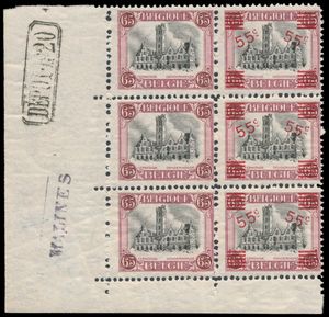 N° 188A, samenhangend type Dendermonde, in blok van 6 met bladrand onder en links, met 