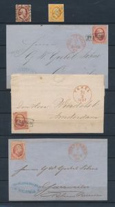 Yv. 2/3 (zegel), Yv. 5 (3 brieven, vanuit Rotterdam en Texel), zm