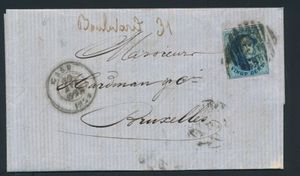 1859 N° 11A, op brief met inhoud, vanuit P.45-Gent (8-balken), dd. 29 april 1859, naar Bruxelles, deze brief wordt opnieuw aangeboden op de post, N° 10A, vanuit P.24-Brussel, dd. 1 mei 1959, naar Brussel, leuke brief, zm/m