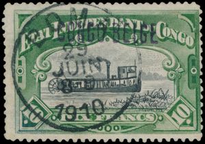 N° 32 The ‘10fr. green’, perforated 14 1/4 with local L4 overprint, cancelled ‘BOMA 29 JUIN 1910’ in black, very fine (OBP €465)
