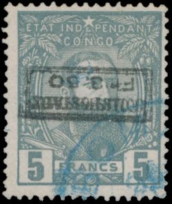 N° CP 5-Cu1 “5fr. gray” with “COLIS POSTAUX / FR. 3.50” overprint in black (Type B); the overprint is inverted and partially doubled; rare; “BOMA” cancel in blue; Luc Vander Marcken certificate; very fine (OBP €500)