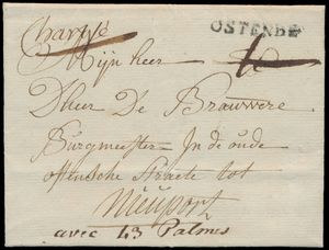 1792 Voorloper met inhoud, vanuit Oostende (Herlant 13 - 32x4mm), dd. 28 september 1792, naar Nieuwpoort, chargé (waarde) brief, manuscript 