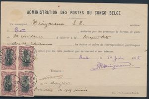 1916 N° 69 (4x) ‘50c. lilac-brown’ in a block of 4 on a postal authorization from the Buta post office, cancelled on 2 June 1916 and bearing the signatures of two witnesses; a rare document and postage, very fine 