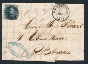 1851 N° 7 op brief, volrandig met linkerbladboord, afstempeling P.68-La Louvière, dd. 26 december 1851, naar Brussel, zm/m