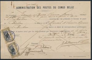 1918 N° 70 (2x) ‘1fr. olive’ in a horizontal pair, on a postal authorization from the Buta post office, cancelled on 9 April 1918, signatures of two witnesses, rare item, very fine 