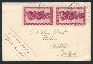 1950 N° 284 (2x) “75c. lilac-pink masks” on a business card cover sent by air from Inikisi on 6/26/50 to Veltem; reduced charge for end-of-year greetings for a business card with a maximum of 5 words in an open cover; very fine 