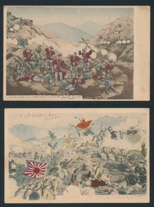 Taferelen tijdens de strijd, Japanse en Russische soldaten, gekleurde fantasie (2 stuks)