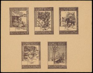 +/-1930 Epreuve collective en noir sur carton crème de cinq projects non adoptés de timbres pour le Congo Belge, auteur inconnu, rare, tb/b