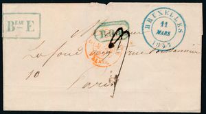 1847 Voorloper met inhoud, vanuit Brussel, dd. 11 maart 1847, naar Parijs (Frankrijk), mooie bureau stempel 