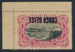N° 31 L “10c. carmine” with the top left corner piece of the sheet overprinted “CONGO BELGE”, locally featuring type L 4, inverted overprint, very fine