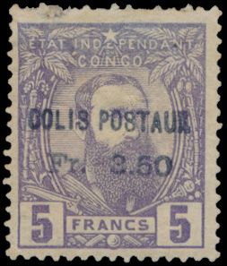 N° CP 2 “5fr. purple” with the overprint “COLIS POSTAUX / FR. 3.50” in black on Type A, a few short perforations along the top edge, a collector’s item, Luc Vander Marcken certificate, to be checked (OBP €3,150)