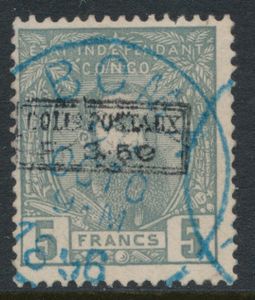 CP 5 “5fr. gray” with “COLIS POSTAUX/fr. 3.50” overprint in black, cancelled “BOMA 28 OCTO 1896” in blue, a small tear along the margin, f (OBP €350)