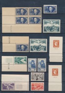 1938/1949 Samenstelling betere zegels, waarvan deel met getinte gom, bestaande uit Yv. 398 (5x), 461 (2x), 493, 841 (2x), PA 20 (2x), 24/27, zm/m (Yv. €1.390)