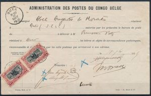 1915 N° 60 (2x) ‘1fr. carmine’ in a horizontal pair, on a postal authorization from the Buta post office dated 18 September 1915, bearing the signatures of two witnesses; a rare item, very fine 