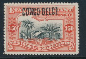 N° 47 “3.50fr. vermilion” with a letter press overprint “CONGO BELGE”; the overprint has been marked as a hand-applied overprint in order to reduce its catalogue value; certificate by Luc Vander Marcken, very fine/fine