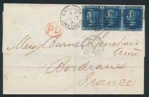 1871 Yv. 27 , in strip van 3, brief vanuit Liverpool (466), dd. 17 juni 1871, naar Bordeaux (Frankrijk), PD stempel in cirkel rood , zm