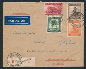 1946 Nos. 132, 139, 141 and 144 from the ‘Palmiers’ issue on an airmail letter sent by registered post from Usumbura on 16 November 1946 to Brussels; post from Ruanda-Urundi is very scarce, very fine