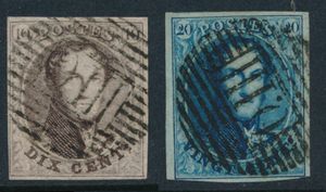 N° 10A en N° 11, beiden volrandig, afstempeling 0.III, plating : N° 10A (plaat VIII, positie 83), N° 11 (plaat I, positie 113), Ex. Vertommen, (COBA €55), zm