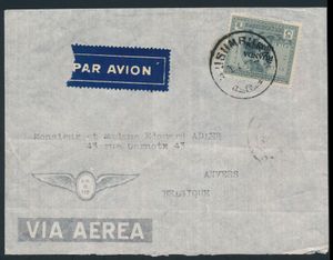 1937 N° 60 “Vloors – 5fr. grey‘ overprinted ’RUANDA-URUNDI‘, single franking on an airmail letter posted on 20 April 1937 – transit mark ’KIGOMA 21 AP 1937‘ and ’DODOMA 24 AP 1937‘, rare but correct postage (postage ’1.50fr.