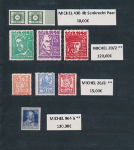 1945/1946 Leuke samenstelling op insteekbladen met o.a. Storkow BL 1c ** (klein hoekplooitje), Niesky n° 1 *, Mi. 964b (Von Stephan) **, zm/ntz