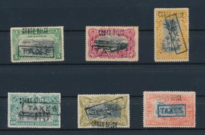 Set of 6 Mols stamps: 5, 10, 15, 40, TX, 50c. and 50fr., with various local overprints, cancelled by tax stamps – some of which are forged or purely for the sake of courtesy; only the stamps cancelled by the ‘tax on document’ overprint are genuine. To be checked