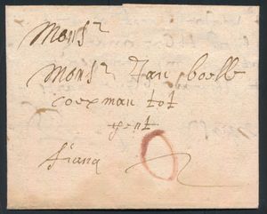 1679 Voorloper met inhoud, vanuit Kortrijk (Cortrijck), dd. 25 october 1679, naar Gent, manuscript 'franco', portaanduiding O in rood krijt, zm