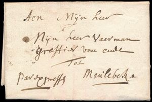 1716 Voorloper met inhoud, vanuit Courtrai (Kortrijk), dd. 15 april 1716, naar Meulebeke, geen vertrek- of portaanduiding, met manuscript 'par expresse', dewelke de dringendheid aanduidt, zm