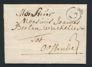 1765 Voorloper met inhoud, vanuit Gent (Herlant 21 - G in cirkel), dd. 22 april 1765, naar Oostende, port 3 sols, zm