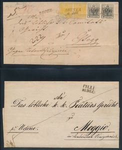 1837/1857, 3 volledige brieven, voorloper van Tilli naar Moggio 1837, voorloper van Triest naar Debrezin 1840, beide in mooie kwaliteit, de derde brief is aangetekend van Novska naar Elsegg met frankering paar 