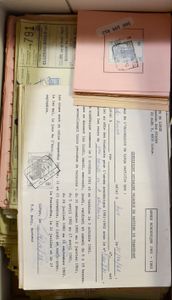 1950/1986 Vrachtbrieven en formulieren, aanvraag sociale abonnementen, in schoendoos, zm/m