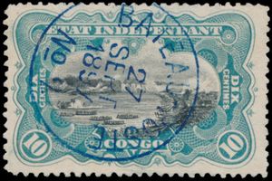 N° 18 ‘10c. blue’ (Mols) with a full-margin postmark ‘BATEAU-POSTE N° 2 / 27 SEPT 1897’ in blue, superb, Luc Vander Marcken certificate, very fine 