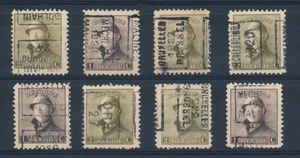 PRE 165/66, kleien samenstelling (8x) preo stalen helm, met o.a. MECHELEN, ORP, DOLHAIN, LIMBOURG, etc., zm