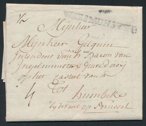 1790 Voorloper met Vlaamse inhoud vanuit Waesmunster (Herlant 1), dd. 23 september 1790, naar Humbeke, meerdere manuscripten zoals 'bij Devaert op Brussel', 1/2 en 4 (dewelke de port van 4 sols), zm