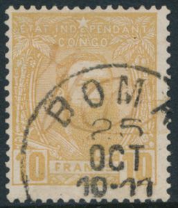 N° 13-Cu “10fr. ochre-yellow” with a pen cancellation and overprinted with a forgery of the cancellation “BOMA 25 OCT” in black, a rarity, fine (OBP €630)