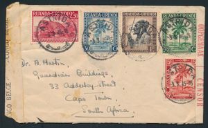 1945 N° 126, 131, 132, 135, and 139 “Palmiers” set on a letter from Astrida dated March 3, 1945, addressed to Cape Town, with Congolese and South African censorship marks, very fine 