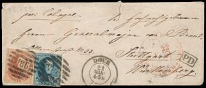 1862 N° 11 en 12 (enkel N° 12 is volrandig), op briefomslag, vanuit P.186-Dour, dd. 21 mai 1862, naar Stuttgart (Duitsland), PD stempel in kader zwart, met manuscript 