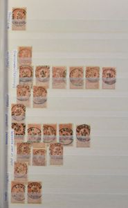 1869/1905 Stempelstudie op diverse uitgiften, w.o. n° 30 en 46, in 2 insteekboeken, zm/m