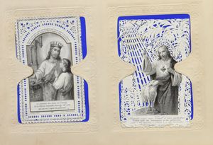 Prachtig oud fotoalbum (49 stuks) + religieuze prentjes (61 stuks), beide in originele albums met slotjes