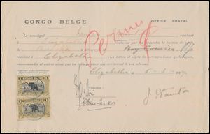 1919 N° 70 (2x) ‘1fr. olive’ in a vertical pair, on a postal authorization from the Basoko post office, cancelled on 6 March 1919, signed by two witnesses, rare item, very fine