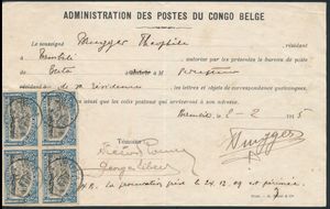 1915 N° 57 (8x) “25c. blue”, two blocks of 4 glued both sides on a postal authorization from the Buta post office dated 2 February 1915 with the signatures of two witnesses; the stamps were cancelled on 9 February 1915; a rare document and postage, very fine 