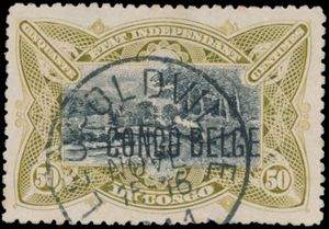 N° 45 “50c. olive” (Mols) with “CONGO BELGE” overprint, typography, letter press, significantly misaligned, rare, cancelled at Leopoldville 15 NOV 1911, a fine curiosity, certificate by Luc Vander Marcken, very fine
