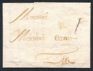 1680 Voorloper met inhoud, vanuit Kortrijk (Courtray), dd. 8 november 1680, naar Lille (Frankrijk), geen aanduiding van origine of bode, portaanduiding I (1 sol), zm